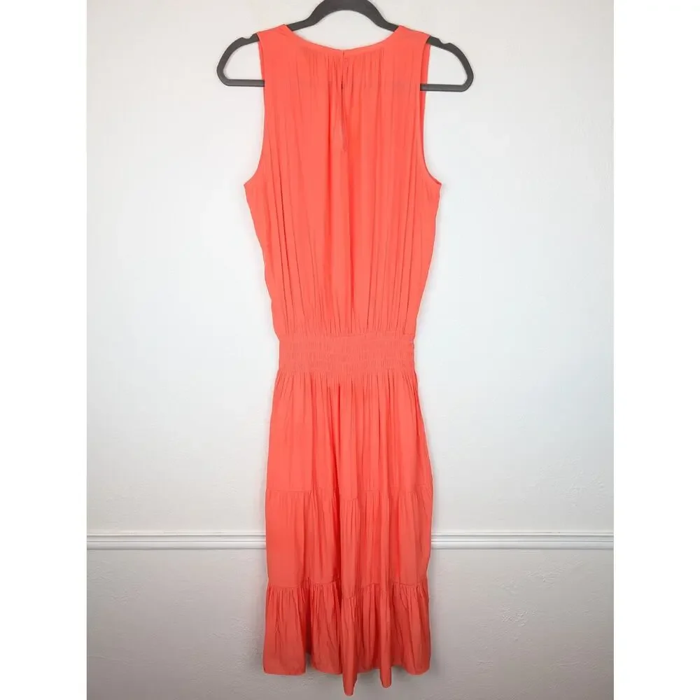 Ramy Brook Edenn Midi Dress Tiered Smocked Boho Keyhole Coral Pink Orange Size S